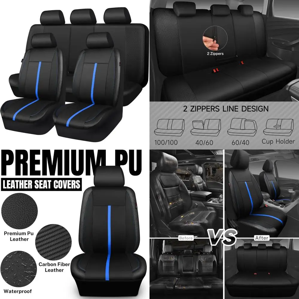 

Кожаные чехлы на автомобильные сиденья CAR-GRAND, черные, синие, спортивные, из кожи из углеродного волокна, полный комплект, водонепроницаемые чехлы на автомобильные сиденья, совместимая подушка безопасности
