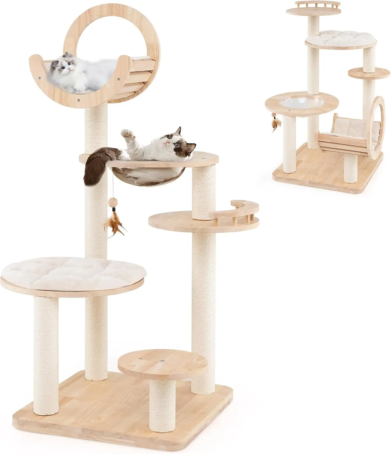 Indoor Cat Use, Solid Wood, 4-in-1 Building Block, 4 Transformations, with Space Capsule Nest and Hanging Toy