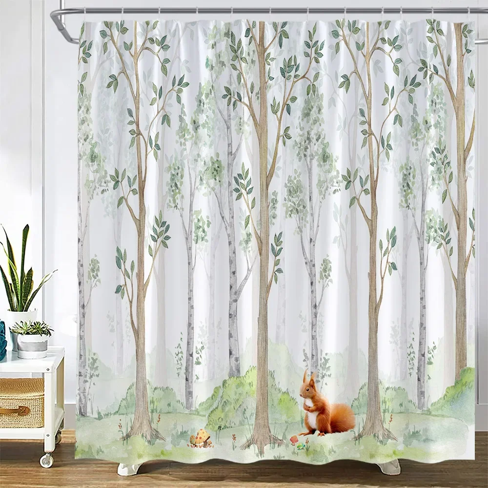 Spring Forest Shower Curtains Funny Animals Fox Bear Deer Squirrel Rabbit Green Leaves Plants Trees Modern Fabric Home Decor Set