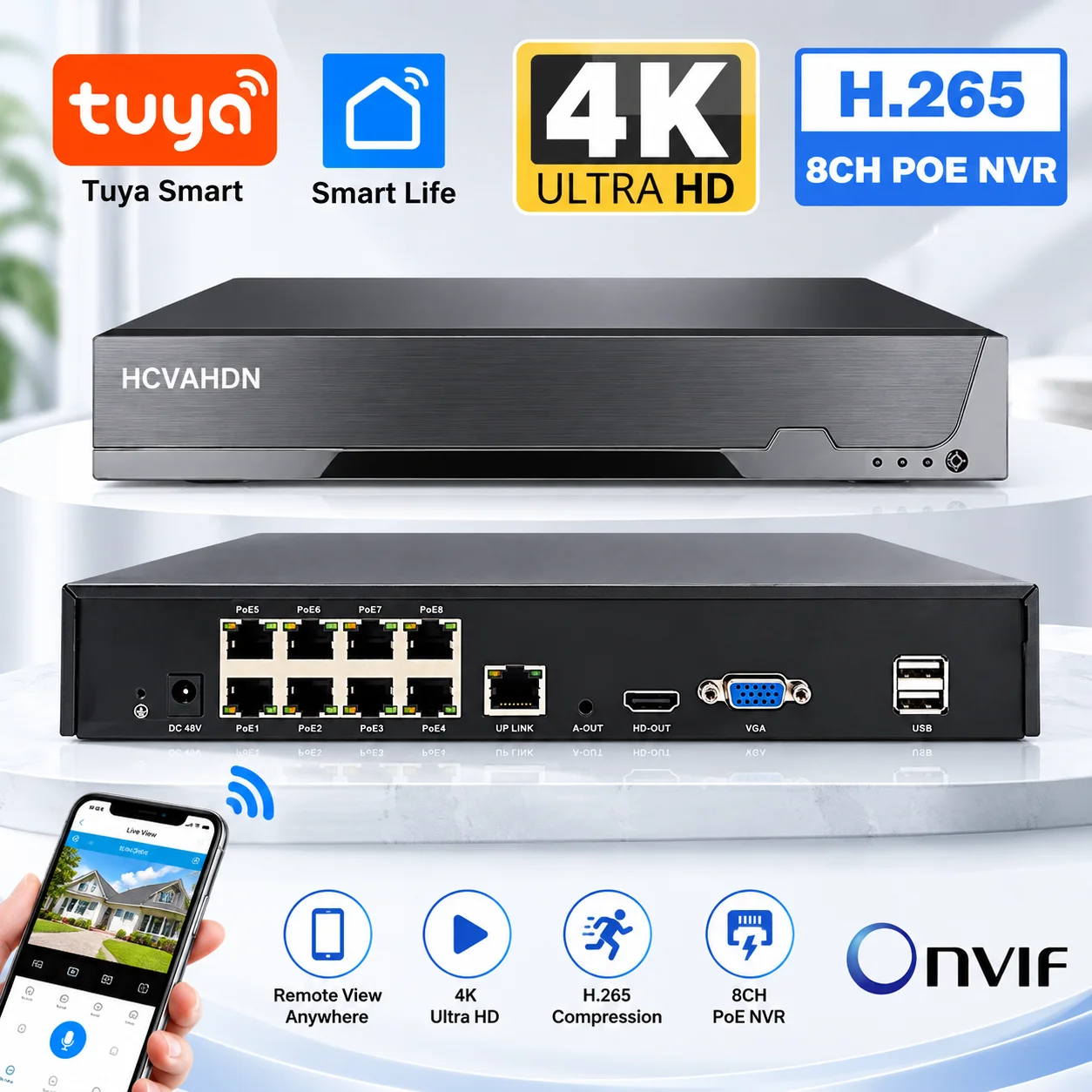 Tuya 8CH 4K 8MP POE NVR Security System H265 Smart Network Video Recorder with POE for Surveillance Camera Remote Access