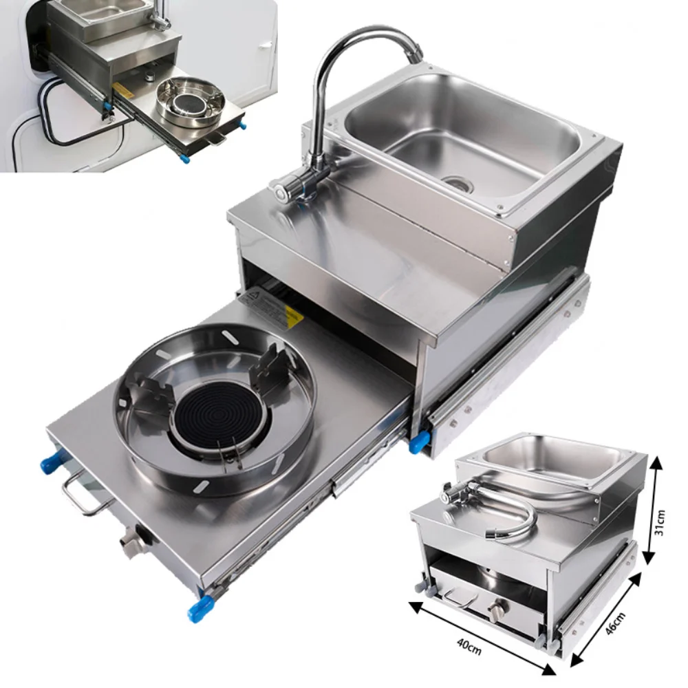 

Stainless Steel Outdoor Pull Out RV Sink with Gas Stove Slide Out Kitchen Cooktop for Camper Trailer Caravan Motorhome