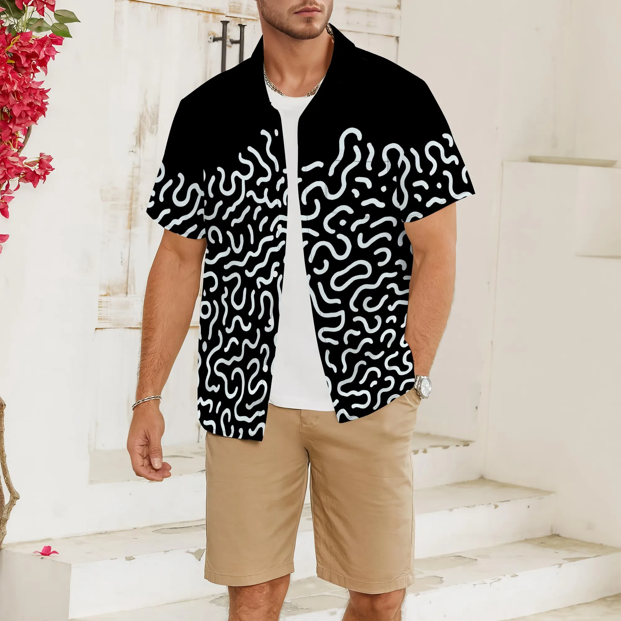 YEAE Men's Grey Geometric Shirt 100% Cotton Short Sleeve Casual Vacation Summer Chic