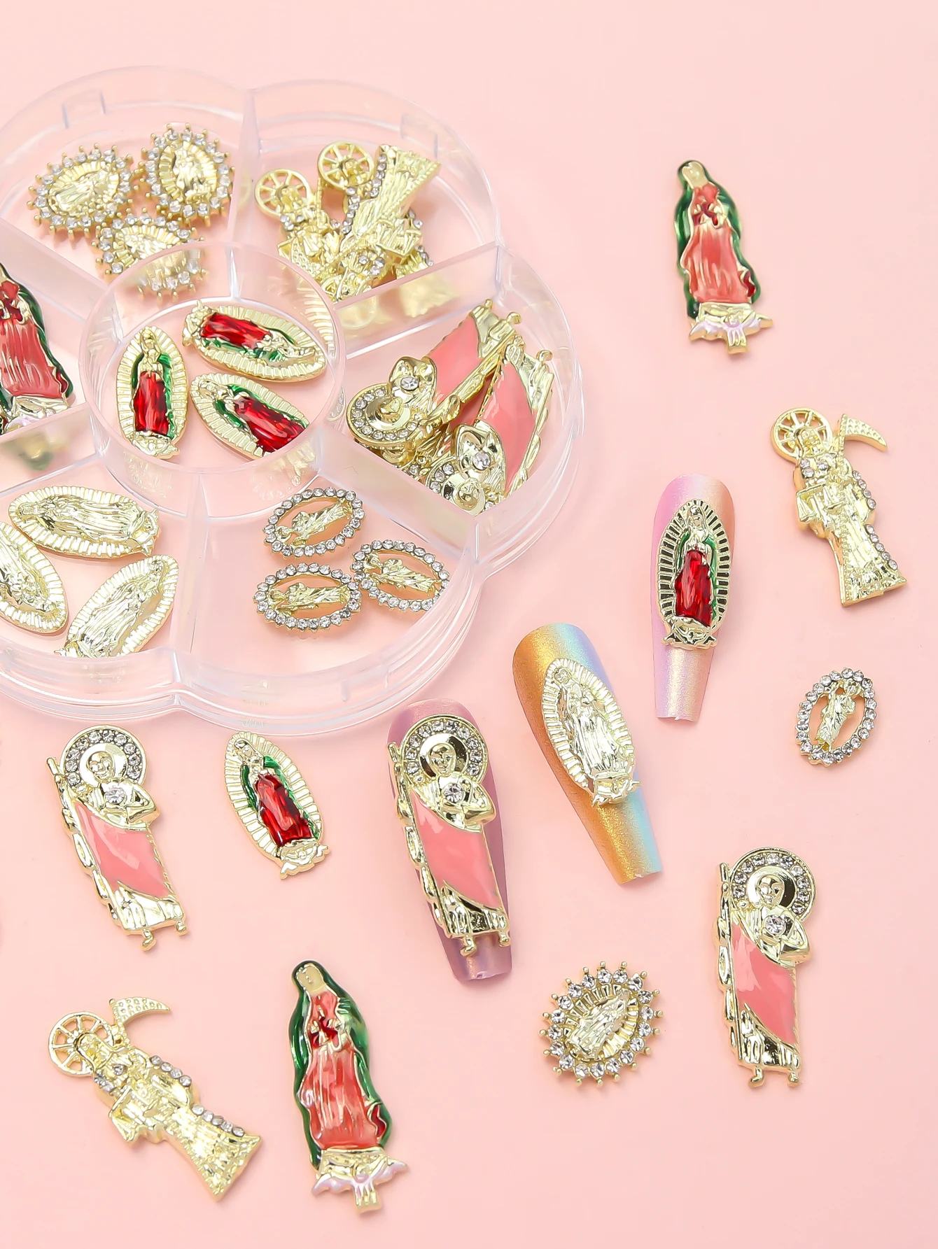 21pcs/Box Alloy Virgin Mary Gemstone Rhinestone Nail Charm Luxury Shiny Crystal 3D Jesus San Judas DIY Manicure Tips Decoration