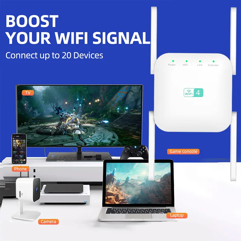 PIX-LINK 2.4GHz 300Mbps WiFi Repeater 4 Antennas Signal Booster for Home Wall Penetration WPS Easy Setup Extend Coverage WR52Q ﻿