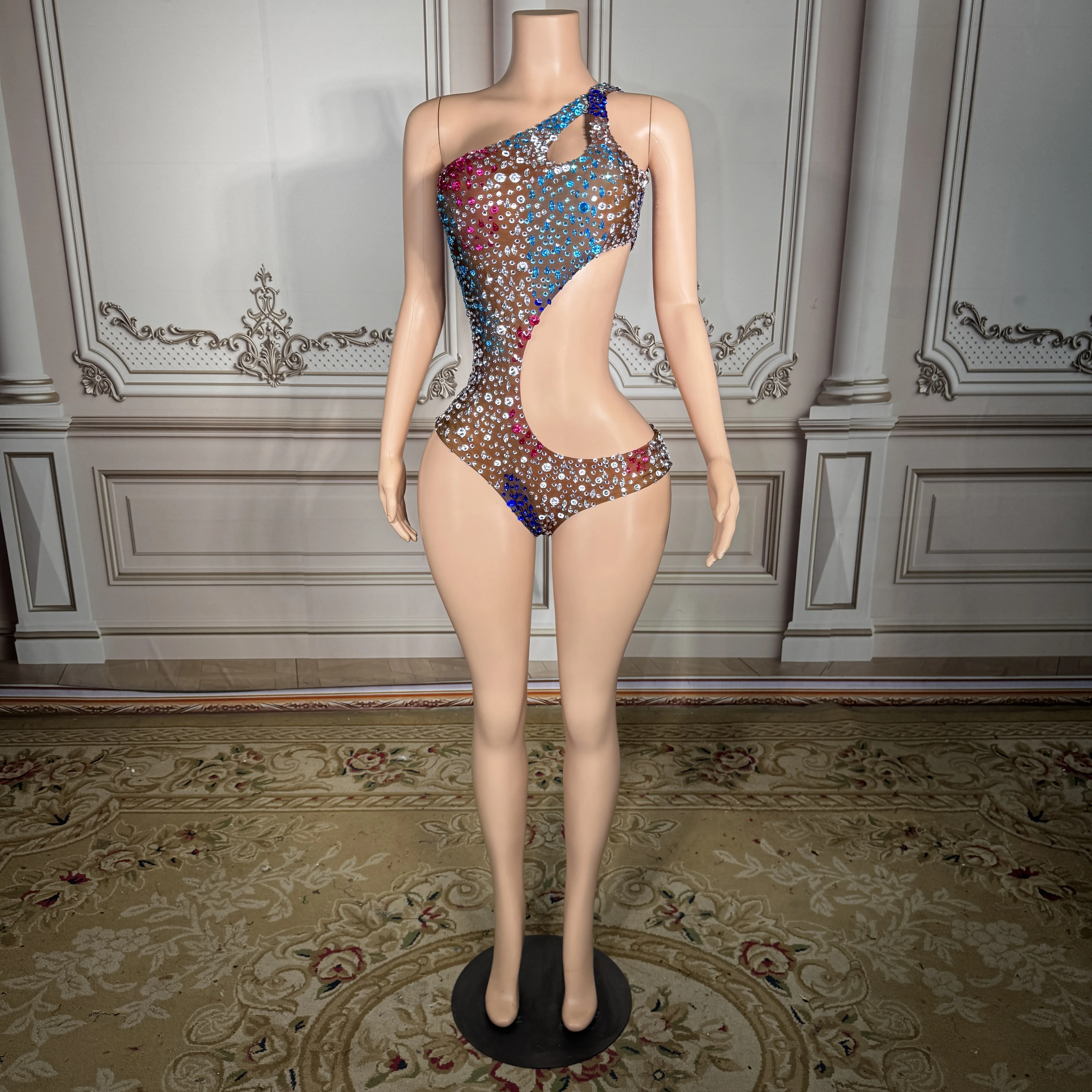 

ZD Elegant Gemstone Sparkle Halter Look Monokini Women Sexy Crystals One-Shoulder Pool Wear