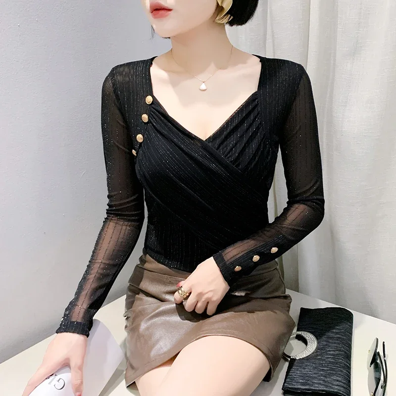 

Elegant Slim Beaded Solid Color Women's T-Shirt M-3XL Black Tee Blusas New 2025 Autumn Long Sleeved V-Neck Mesh Tops