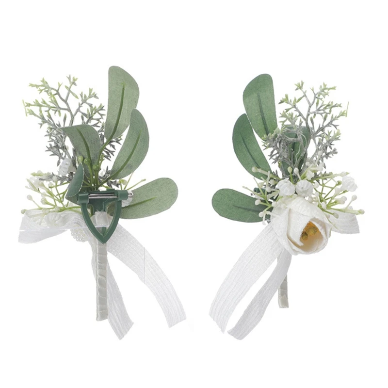 Outdoor Bruiloft Kunstmatige Rose Pols Corsage Polsbandje Boutonniere met Groen Bladeren Party Prom Armband Broche Pin