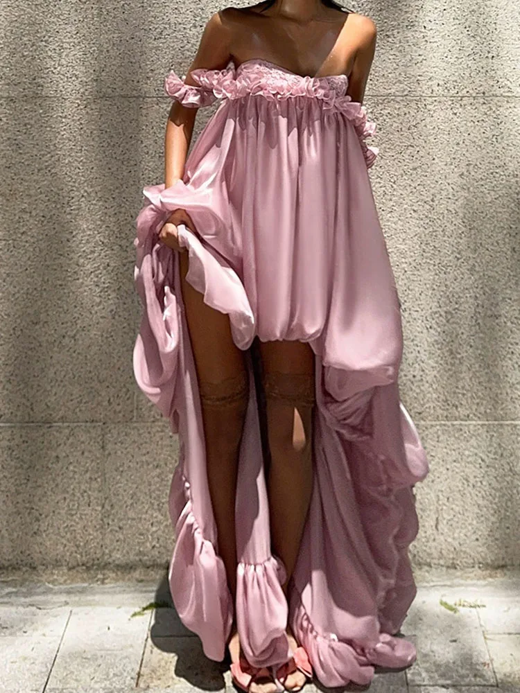 Women Sexy Irregular Pleated Banquet Dress Fashion Hight Waist Solid Loose Long Dress Elegant Off Shoulder Hollow Evening Dress