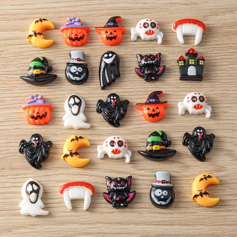 Tusember 10pcs Halloween Charms Resin Flatback Kawaii Moon Spider Bat Pumpkin Ghost for DIY Nail Art Hairpin Brooch Decor