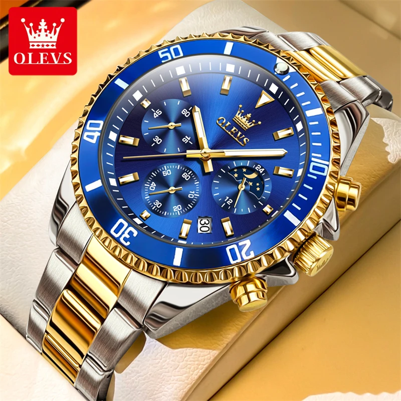 

OLEVS 2870 Men's Watches Top Brand Luxury Watch for Men Waterproof Stainless Steel Chronograph Moon Phase Date Rota Dial