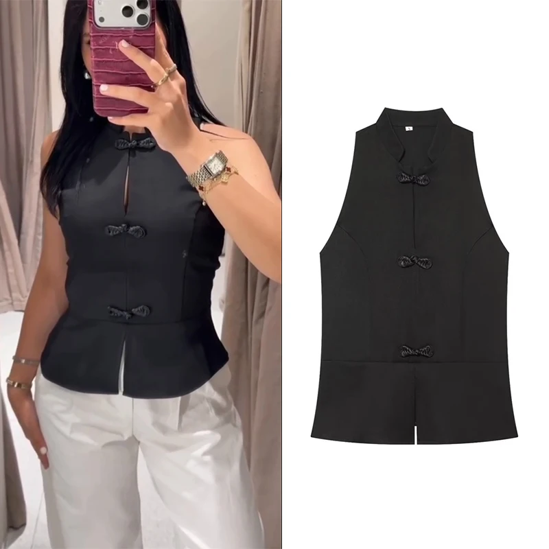 Women's Shirt 2026 New Fashion Summer Black Sleeveless Slim-fit Vest Shirt Elegant Chic Personality Vacation Ladies Top