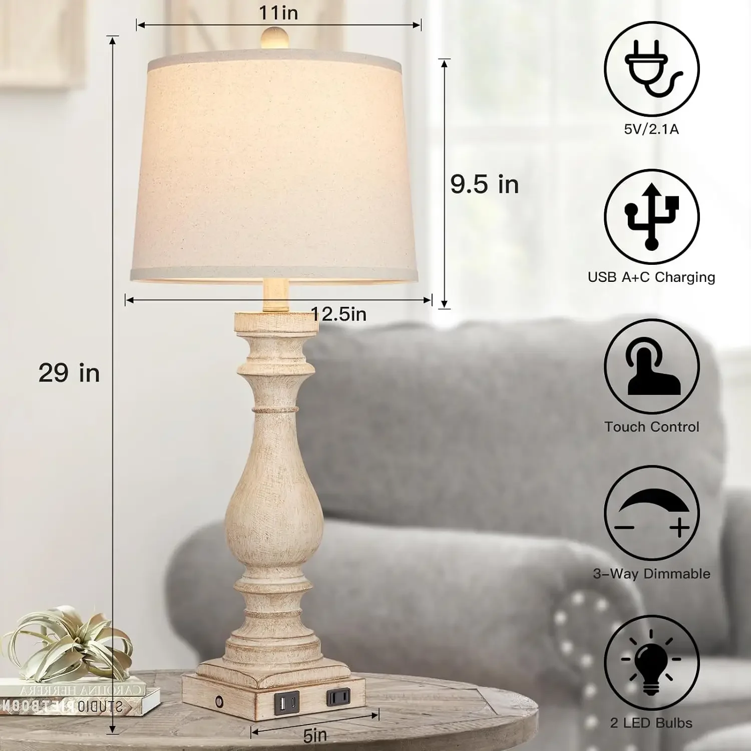 29" Tall Table Lamps Set of 2 with USB-C & AC Outlet, 3-Way Dimmable Touch Control, Farmhouse Nightstand Lamps for Living Room Bedroom view 4