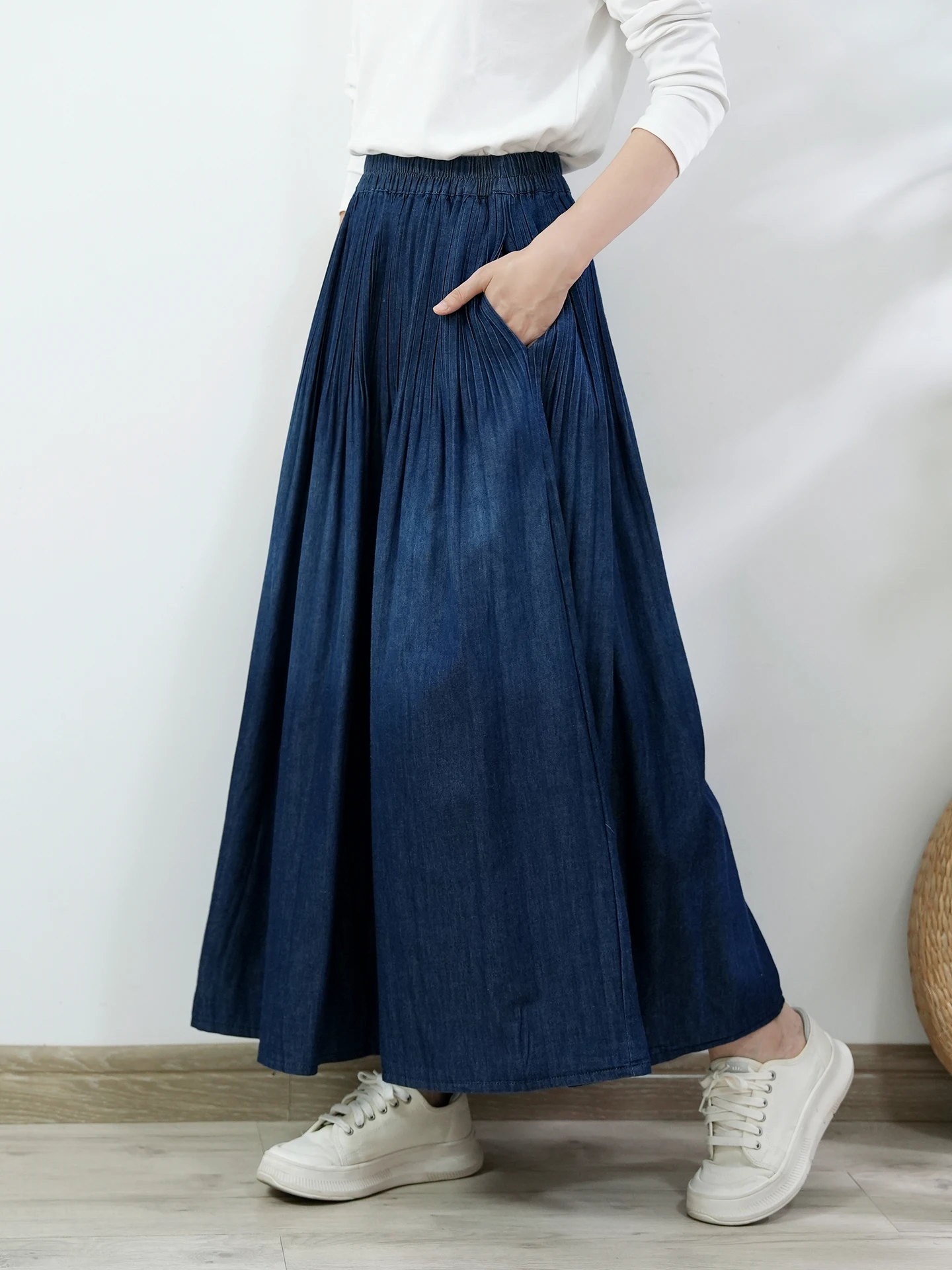 TIYIHAILEY faldas largas largas con cintura elástica para mujer, faldas vaqueras de otoño y verano para mujer, bolsillos plisados de Color sólido, Vintage azul profundo