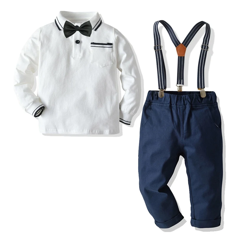 Spring Autumn Kids Clothes Set Boys Suit Long Sleeve White T-shirt With Bowtie+Suspender Pant 2pcs Set Boy Clothes Outfits