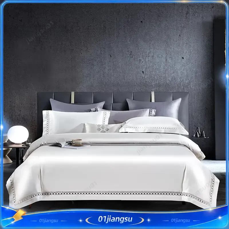 4Pcs Luxury Hollow Wide Edge Bedding Set 1600TC Egyptian Cotton Satin Silky Soft Duvet Cover Bed Sheet Fitted Sheet