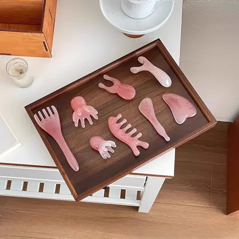8Pcs Pink Resin Gua Sha Massage Tool Set Facial Acupoint Stick Head Massage Comb SPA Scraping Board Face Body Relax Beauty Tools