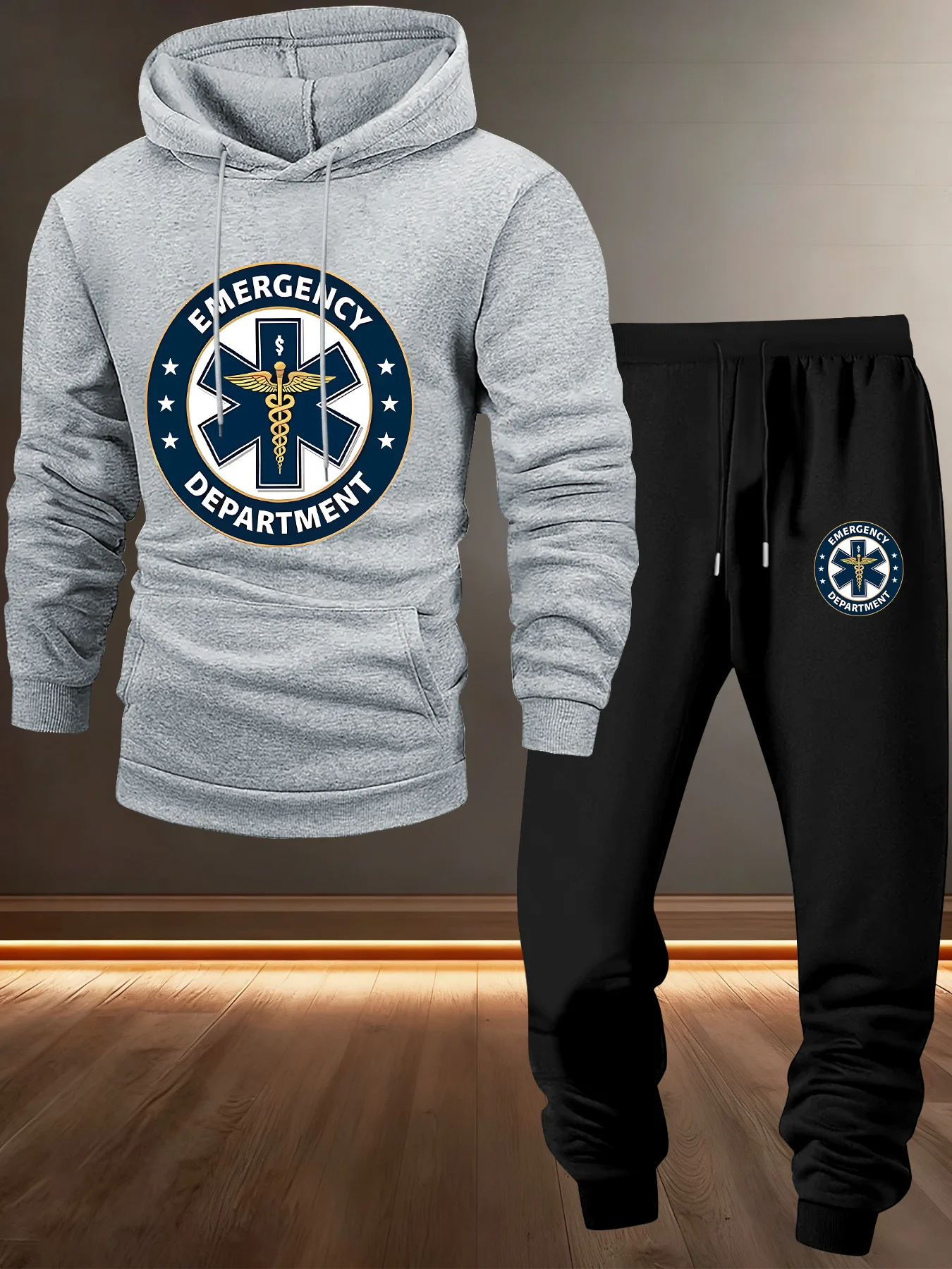 Men's emergency department medical logo printed two-piece hooded sweatpants casual fleece sports outfit