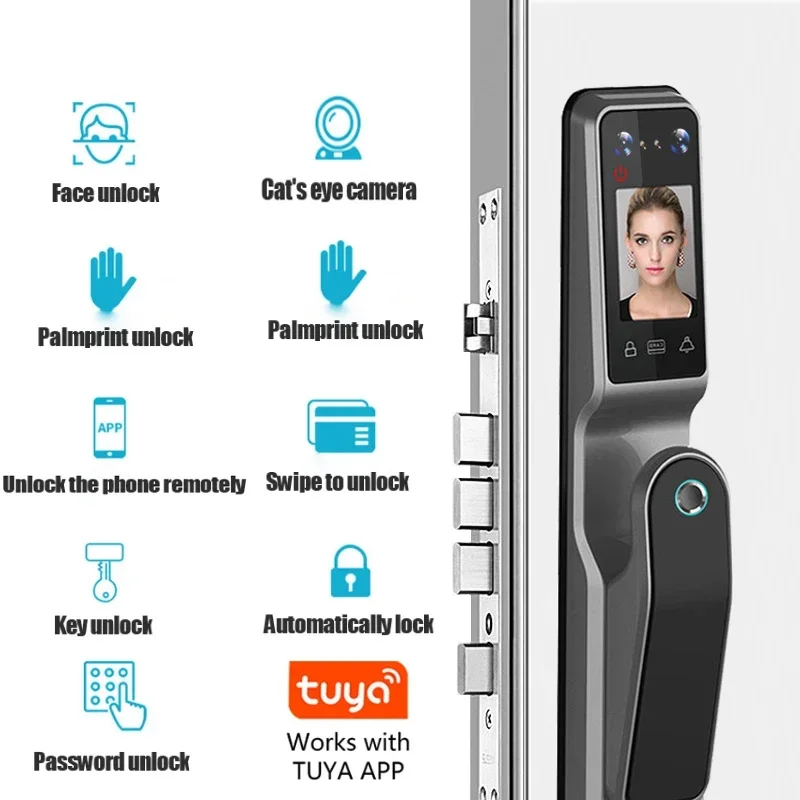 TYSH Serratura intelligente per porta con riconoscimento facciale 3D App Tuya Serratura Wi-Fi digitale per impronte digitali con display a doppio schermo Smart Lock