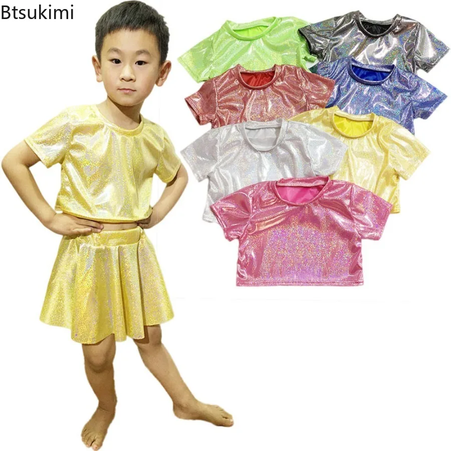 Children's Performance Costume Hip Hop Dance Tops Girl Boy Metallic Crop Top Shiny T-shirt Short Sleeve Jazz Clothing Costume