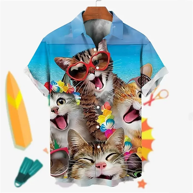 Funny 3D Cartoon Cat Print Shirts For Men Fashion Lapel Button Tops Summer Street Trend Short Sleeve Blouse Casual Loose T-Shirt