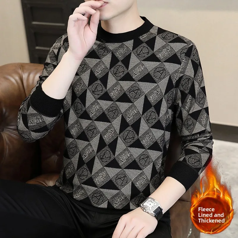 

Утепленный флисовый худи с длинным рукавом и круглым вырезом, вязаный свитер для мужчин, осенне-зимняя повседневная одежда, комфортный, теплый, с геометрическим принтом