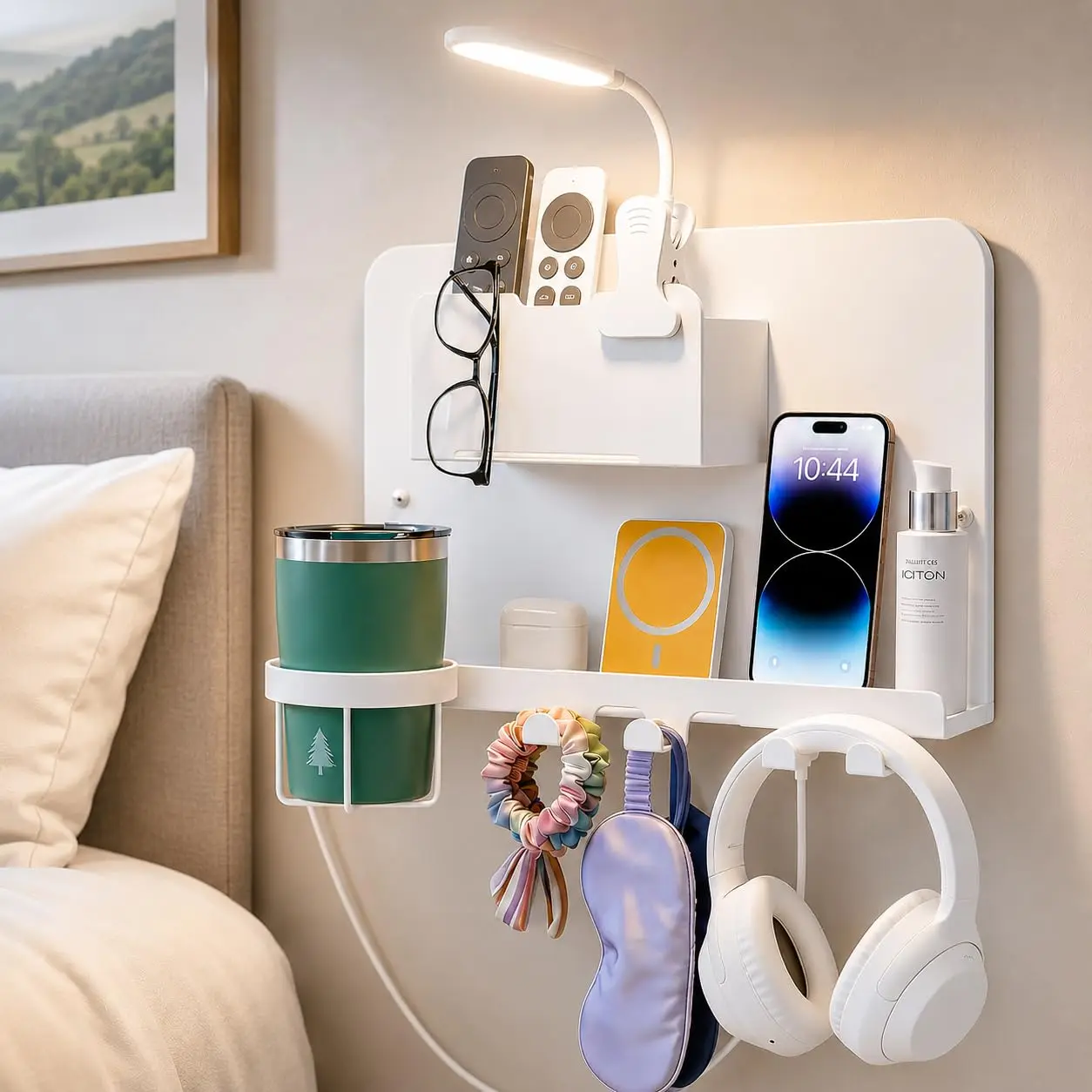 Metal Bedside Wall Shelf, Bedside Floating Shelf Wall Organizer with Detachable Cup Holder, No Drill Wall Mount for Bedroom