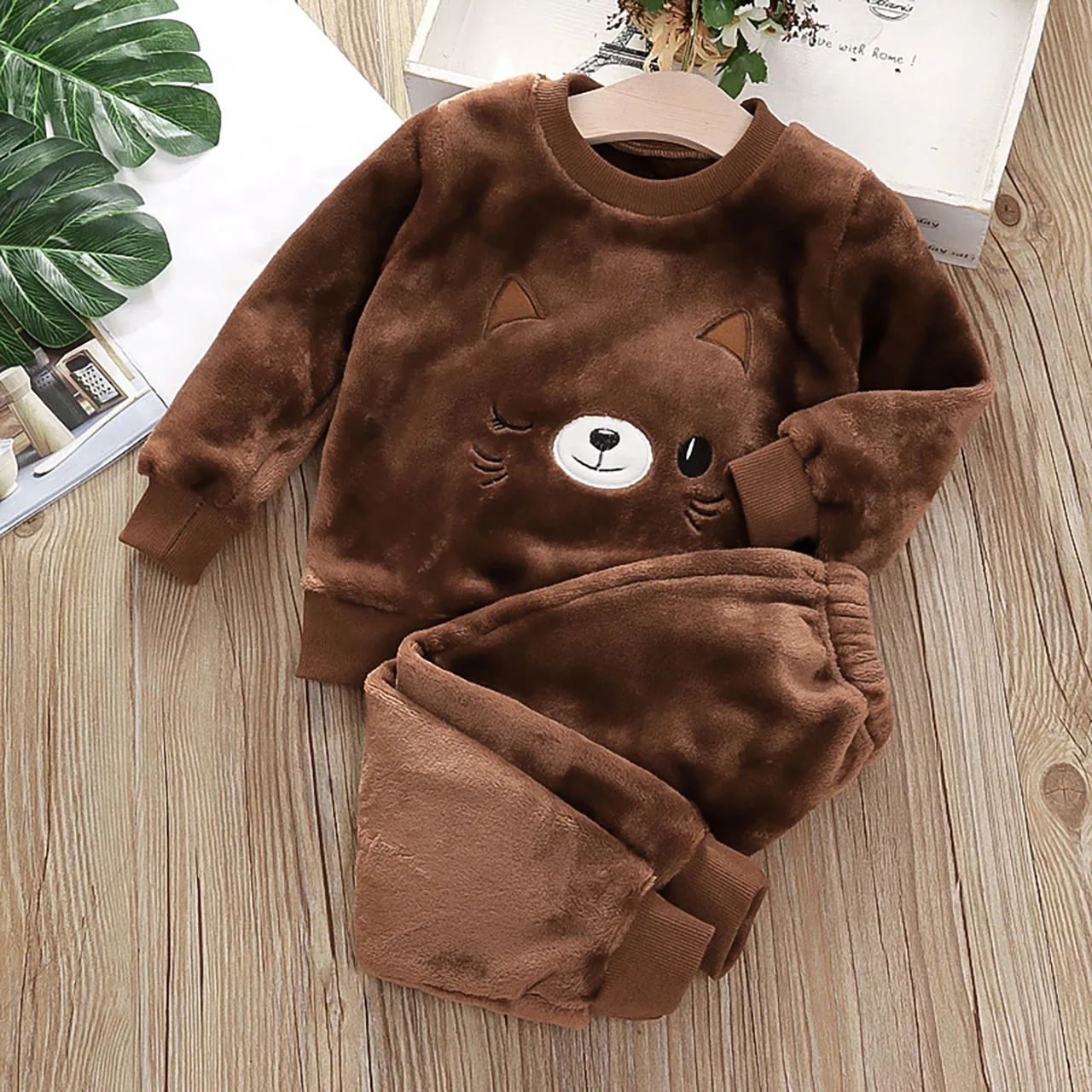 Thick Warm Plush Pajama Set Winter Kids Home Clothes Cute Dinosaur Flannel Pullover 1-6Year Children Round Neck Tops Long Pants