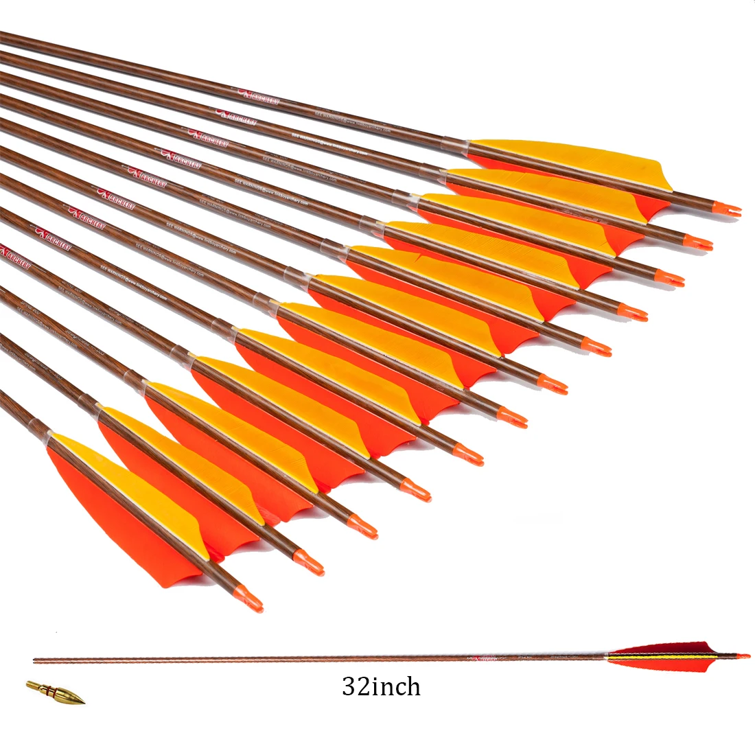 Archery Carbon Arrow Shaft, Compound Recurve Bow Accessories, Wood Skin, Turkey Vanes, Spine300-900, 32 