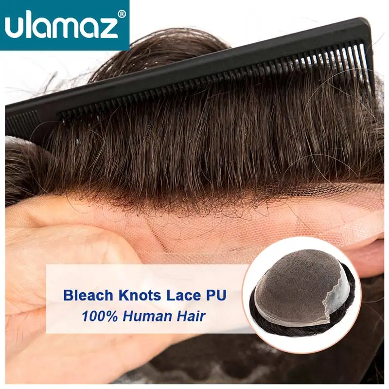 

Мужской парик из натуральных человеческих волос с кружевной основой, с отбеленными узелками, имитирующий линию роста волос, мужской протез волос, парик-система для мужчин