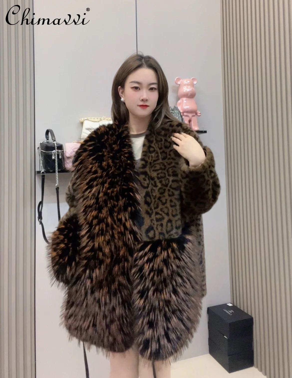 

Autumn Winter New High-end Fashion Furry Slim Coat for Women Light Luxury Leopard Print Tie Long Sleeve Warm Elegant Fur Jacket