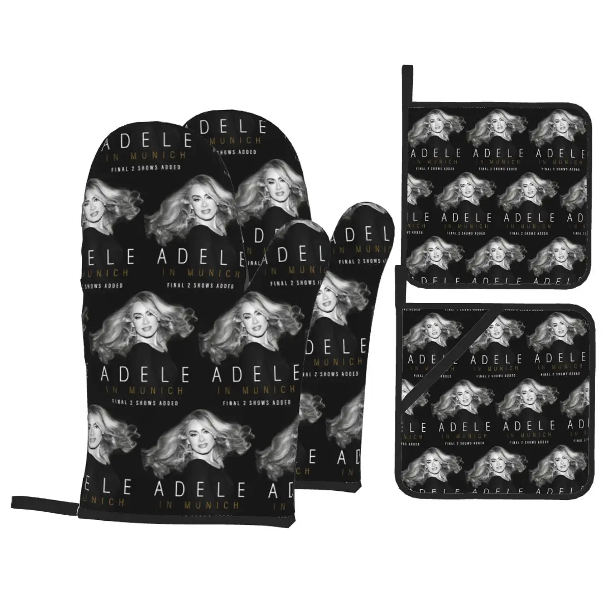 Cool Singer Adele Tour 2024 Music Album Oven Mitts and Pot Holder Sets of 4 for Baking Kitchen Cooking Resistant Non-Slip Gloves