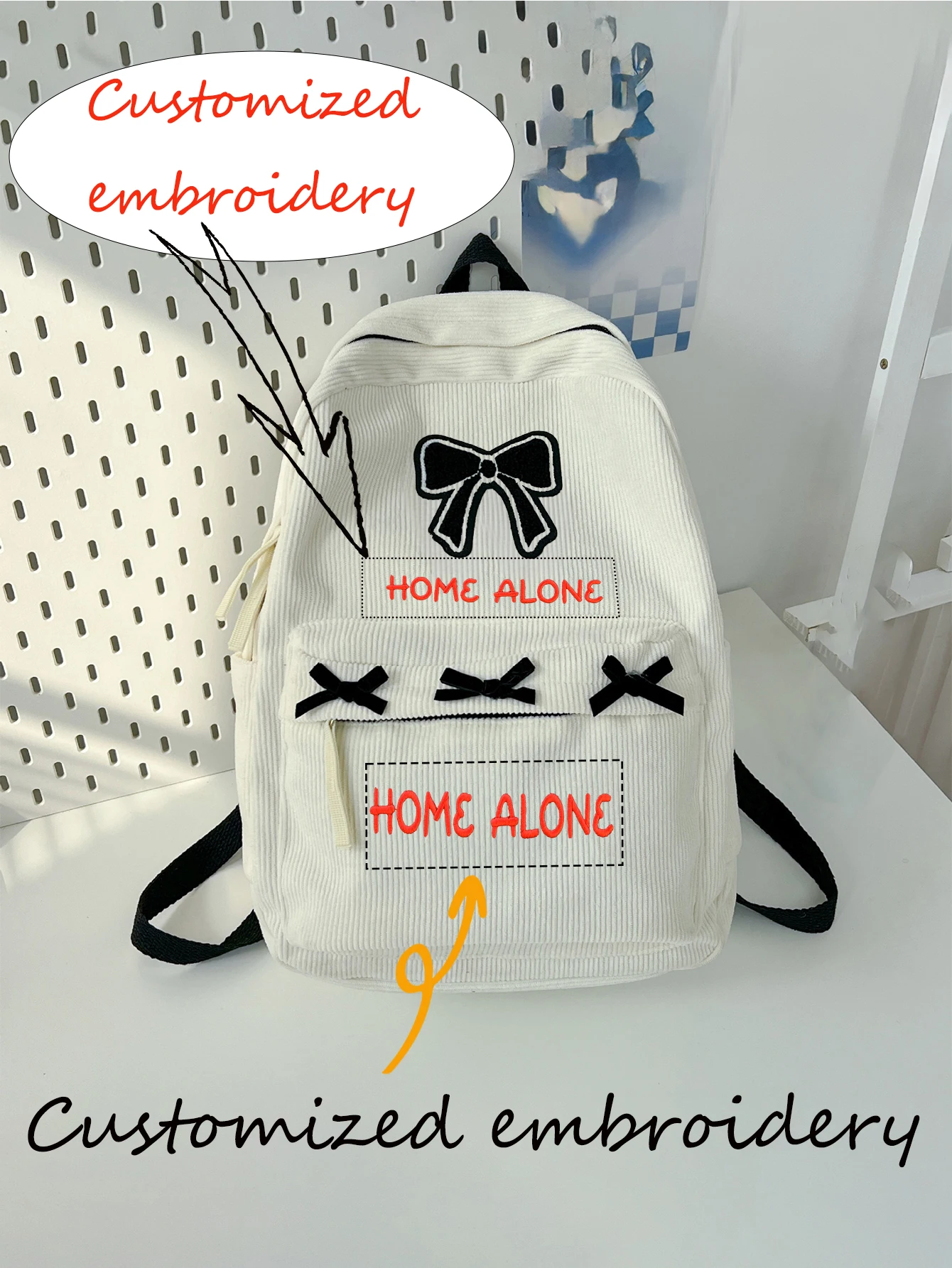 (Please private message customer service) Embroidery DIY graphic and text customization, bow tie backpack