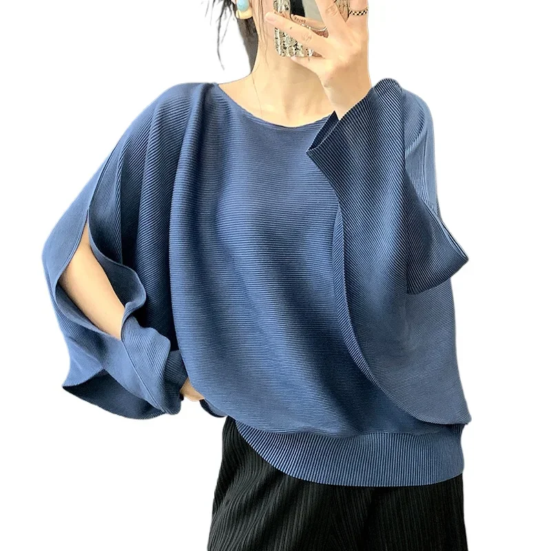 Miyake Women Pleated Blouse, Round Neck Split Long Sleeve Loose Batwing Top, Irregular Hem Solid Color Pleated Shirt for Autumn