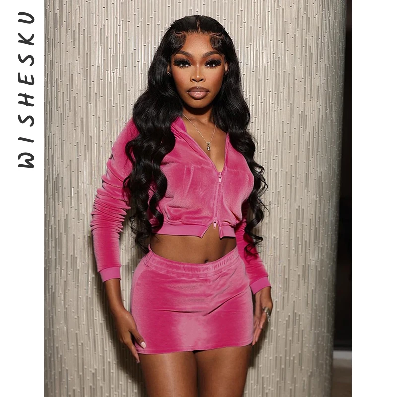 

Одинаковые флисовые женские комплекты из 2 предметов, однотонные классические тонкие пальто с капюшоном на молнии + мини-юбки с эластичной резинкой на талии Mujer, повседневная уличная одежда