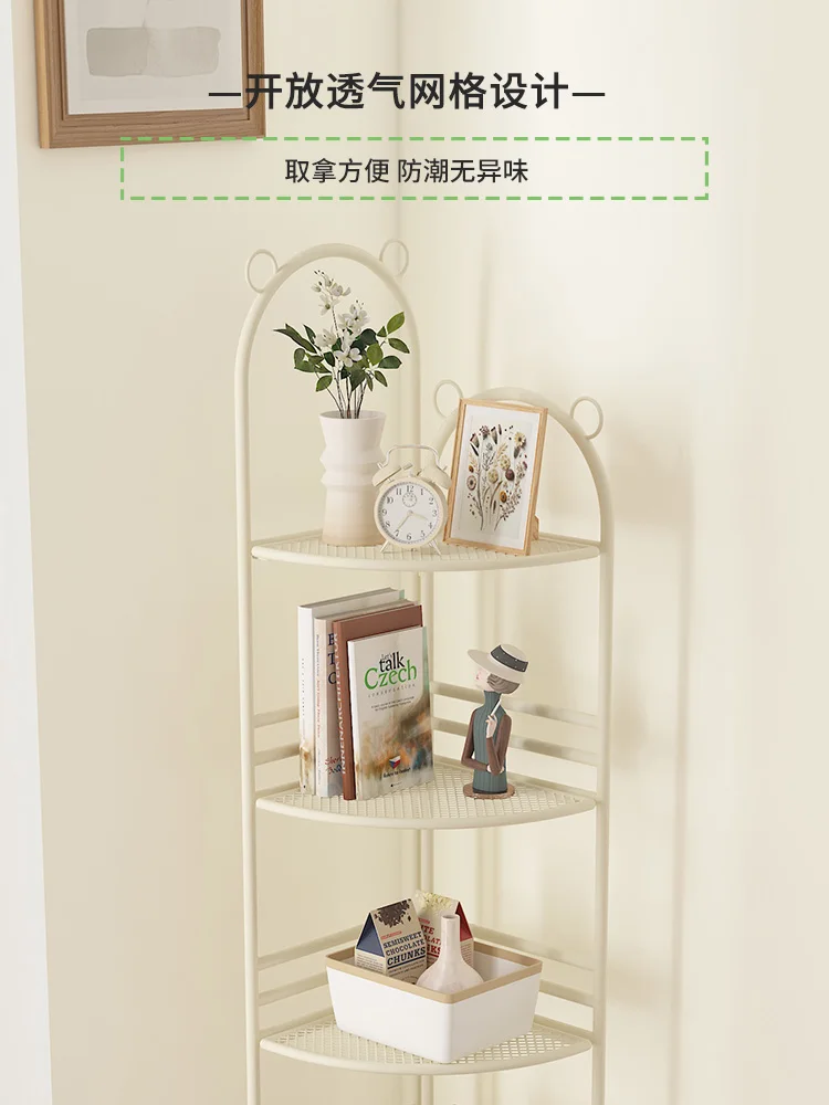 Cream style corner shelf, floor to floor iron triangle living room, simple bookshelf, office corner book storage rack