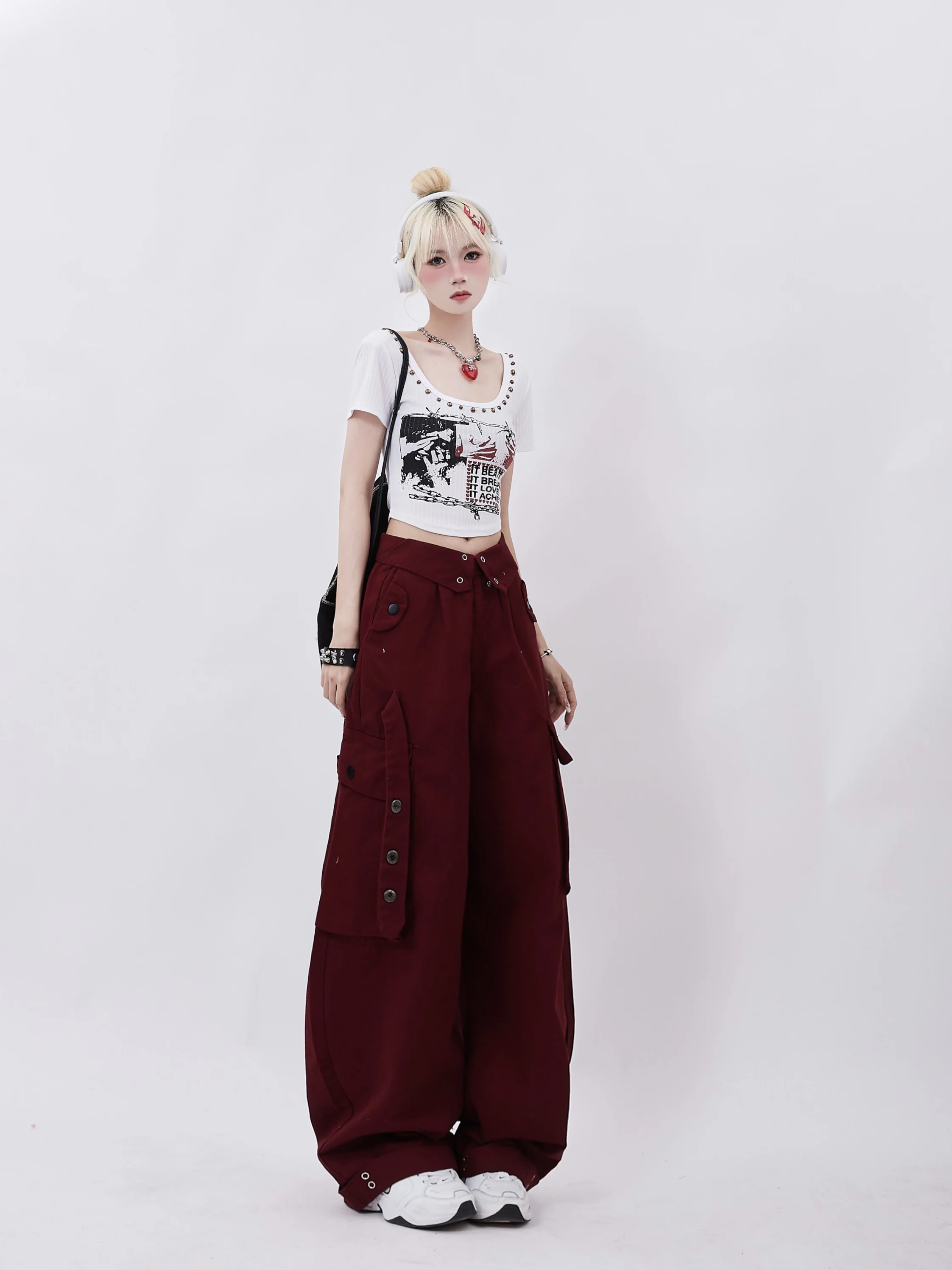 Dophee Candy Color Cargo Pants Wpmen Autumn American Street Multi Pocket Edge Curl Waist Spice Girls Straight Dance Trousers