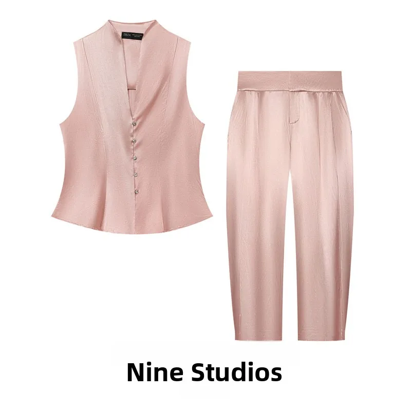 NINE ZAR Women's Silk V-neck Sleeveless Jewelry Embellished Pleated Pants Two-piece Fashion Set Long-lasting Versatile Style