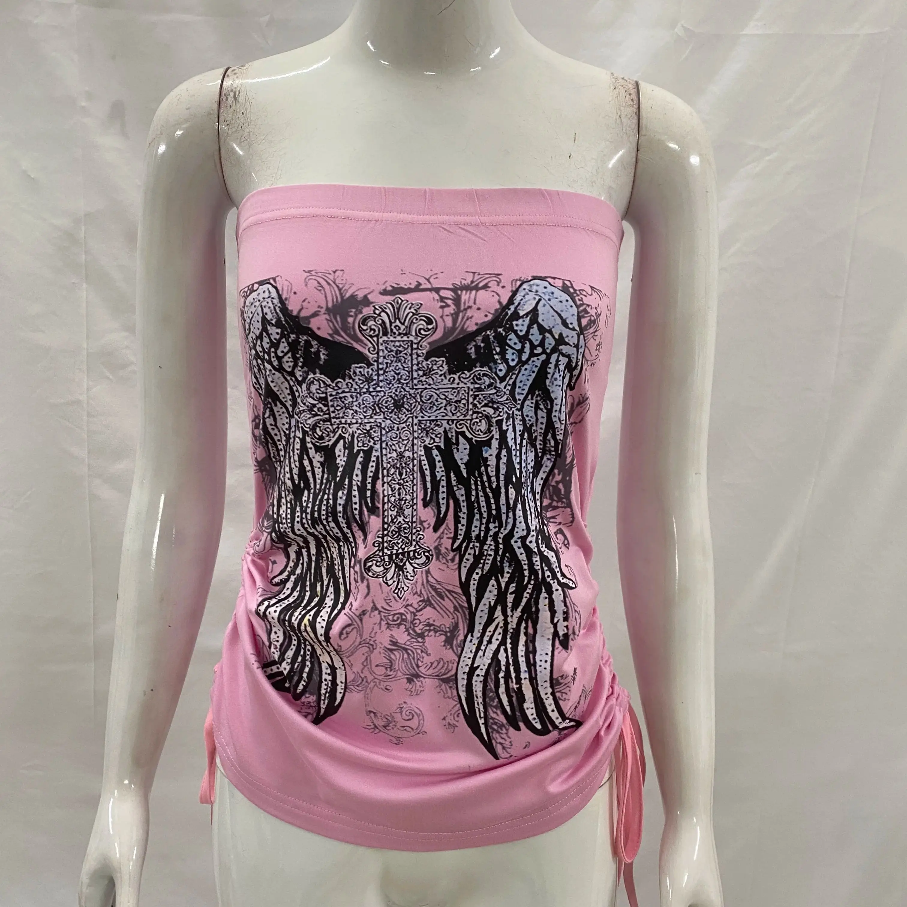 

Y2k обтягивающий корсет без бретелек в стиле ретро, женский укороченный топ в стиле Харадзюку, розовый жилет с готическим принтом, летний повседневный топ без рукавов