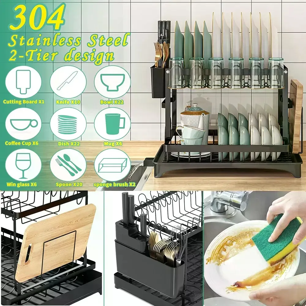 2-Tier Dish Drying Rack, Dish Racks For Kitchen Counter, Dish Rack With Drainboard & Mat, Dish Drainer With Knife, Fork & Cup Rack, Gifts For Women, Cool Stuff & Kitchen Accessories, Rust-Proof & Easy To Assemble, Christmas Gifts