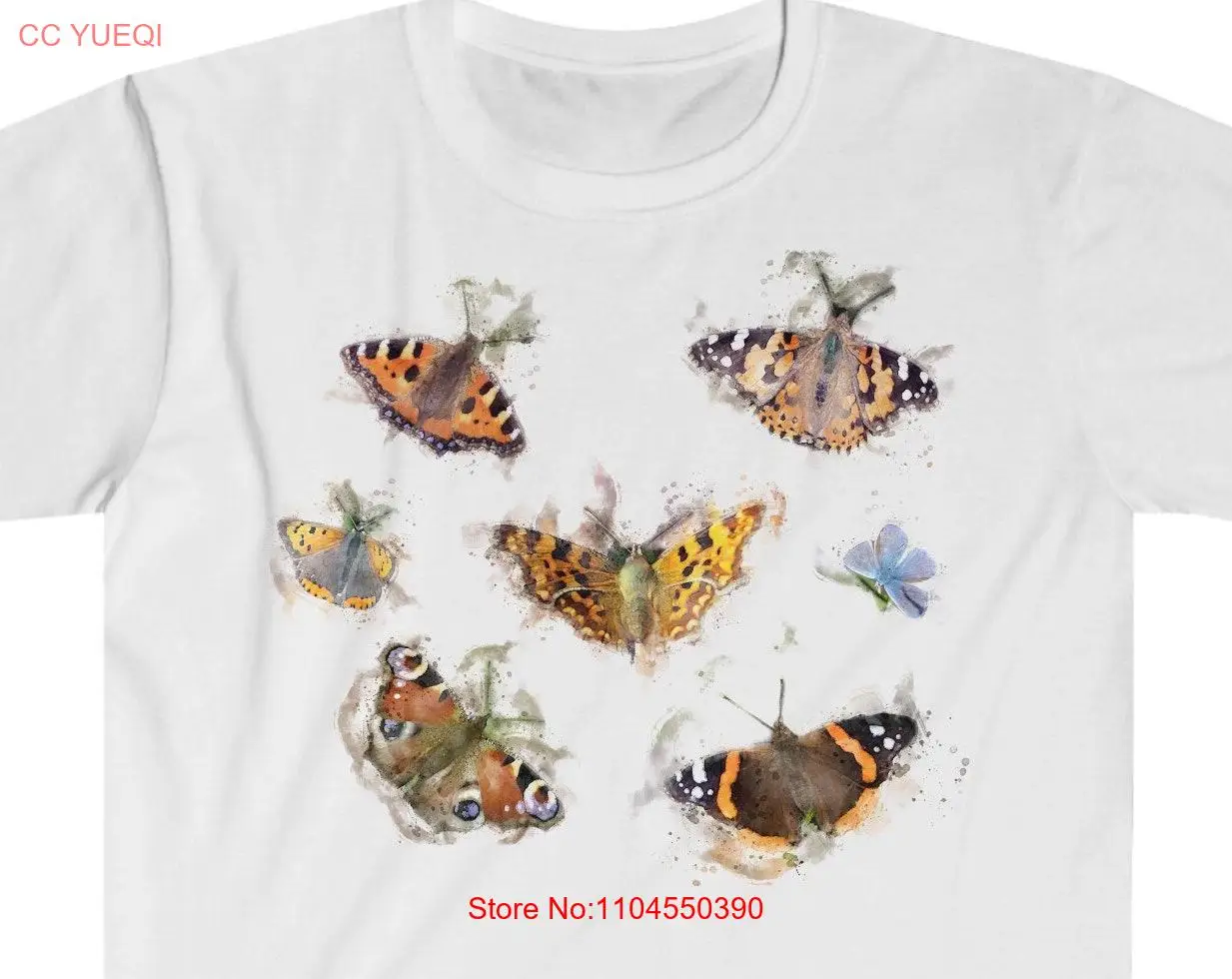 

Butterflies t shirt featuring watercolour British Peacock Tortieshell Painted Lady Red Admiral comma and more