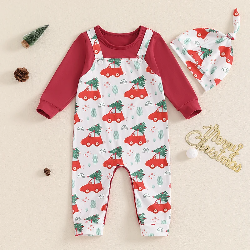 

2024-06-17 Lioraitiin Baby Girls Boys Christmas Jumpsuit Long Sleeve Crewneck Christmas Tree Car Print Romper with Hat