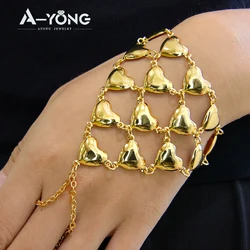 Arab Gold Color Bracelet with Finger Ring 18k Gold Plated Dubai Luxury Chic Bangles Women Wedding Event Party Jewelry