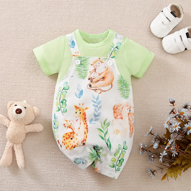 Summer Newborn Boys And Girls Cute Cartoon Strap Animal Printed Cotton Comfortable Short Sleeve Baby Bodysuit