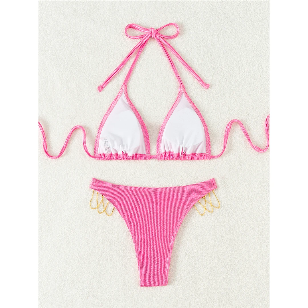Neuer Bikini mit Diamant-Strasssteinen, geripptem Oberteil und Halterneck, Damen-Badebekleidung, zweiteiliger Bikini-Set, Badeanzug, Badebekleidung, Modell V5391 – Detail 12