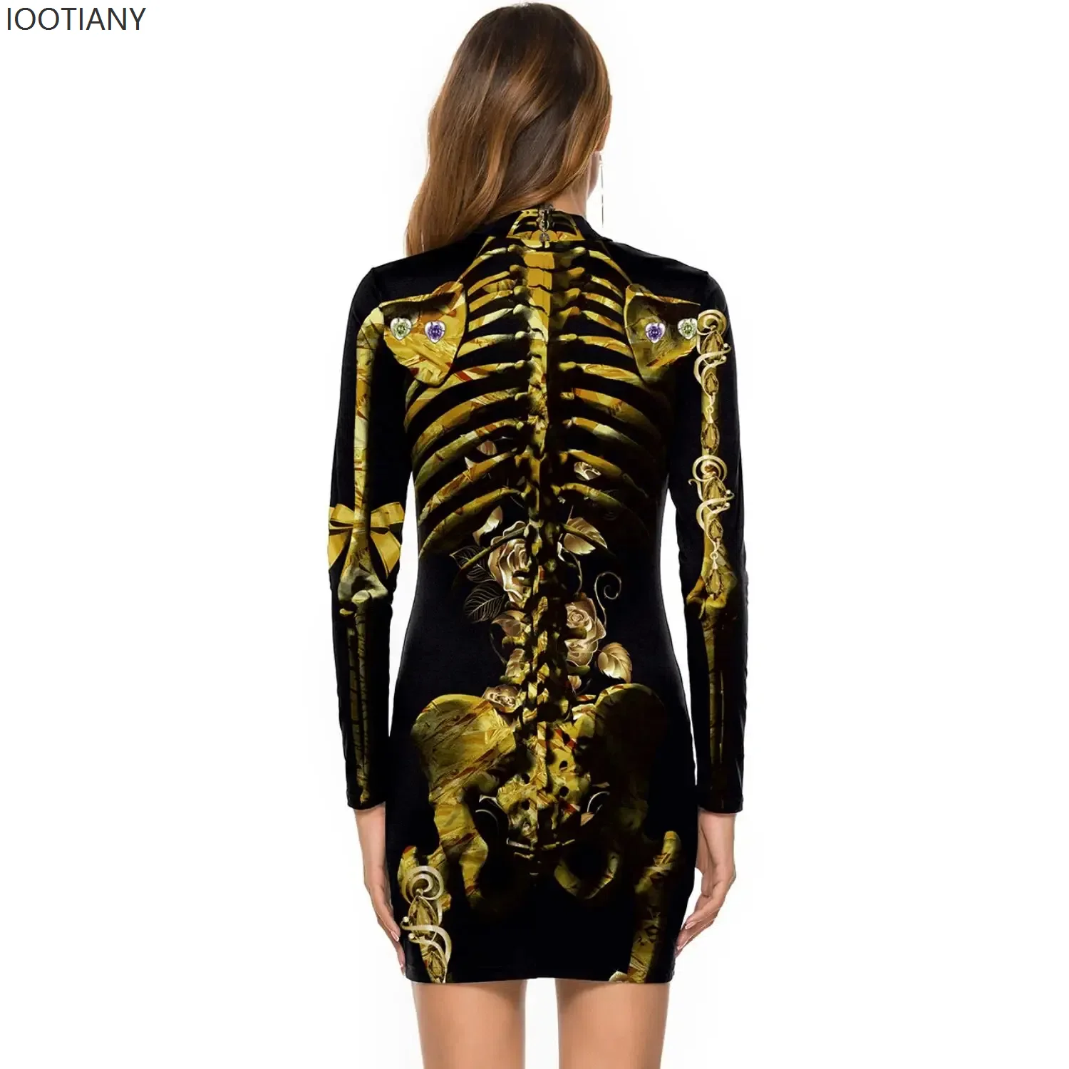 

Halloween Women's Skeleton Sexy Gold Rose Long Sleeve Bodycon Dress Holiday Party Stage Funny Role Playing Performance Costume