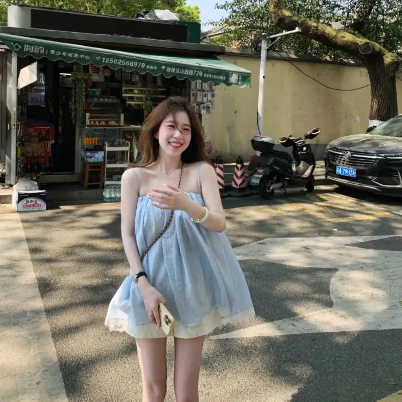 Women's Light Blue Spaghetti Strap Dress Lace Trim Casual Mini Sundress