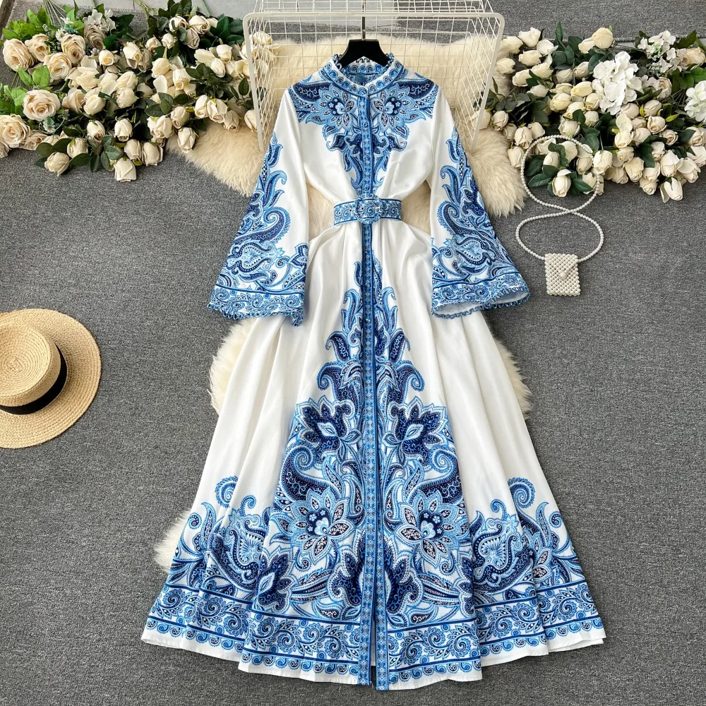 Neploe Elegancka sukienka ze stójką i rozkloszowanym rękawem 2024 New Casual Court Big Swing Belt Mujer Women Single Breasted Moda Dress