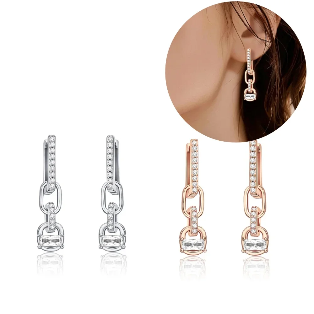 Geometric Lines Series Silver & Rose Gold Color Sparkling Square Circle Double Stud Zircon Luxury Earrings Fit  Women Party Gift