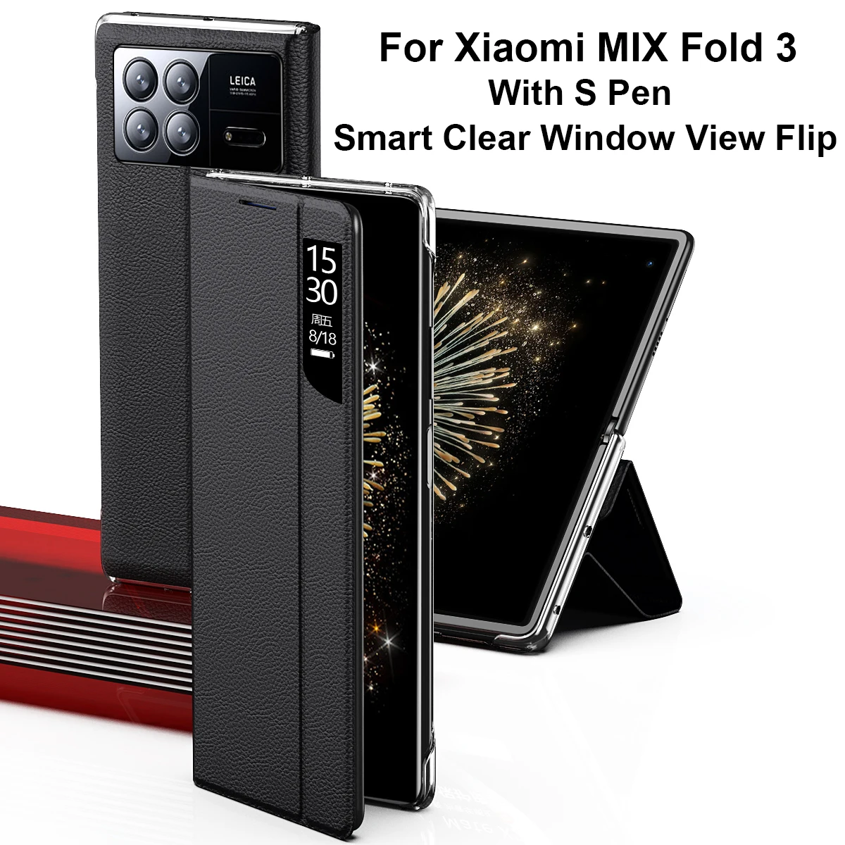 with S Pen For Xiaomi MIX Fold 3 Case Smart Clear Window View Flip Phone Cover For MIX Fold 3 Leather Cases Stand Luxury