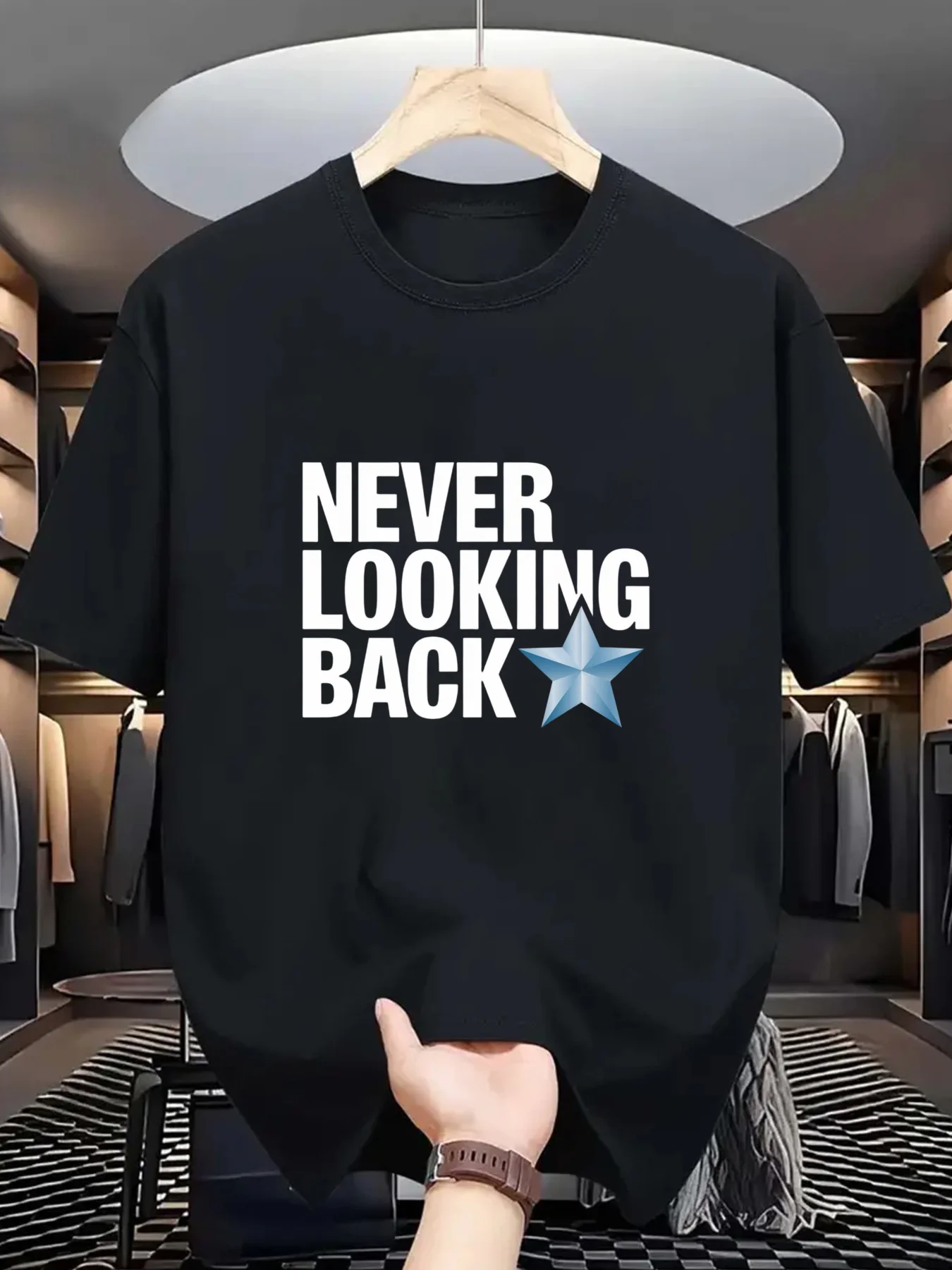 

Мужская черная футболка с рисунком NEVER LOOKING BACK, повседневная футболка со звездным принтом, повседневная одежда с короткими рукавами, дышащая ткань